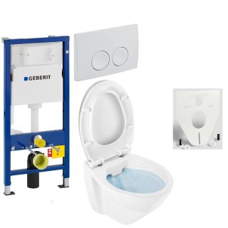 GEBERIT Duofix Vorwandelement Basic + Wand Tiefspül WC LIFE SPÜLRANDLOS + WC-Sitz + Betätigungsplatte DELTA25