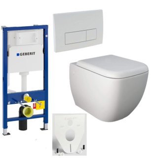 GEBERIT Duofix Vorwandelement Basic + Wand Tiefspül WC MODERN CITY SPÜLRANDLOS + WC-Sitz + Betätigungsplatte DELTA51
