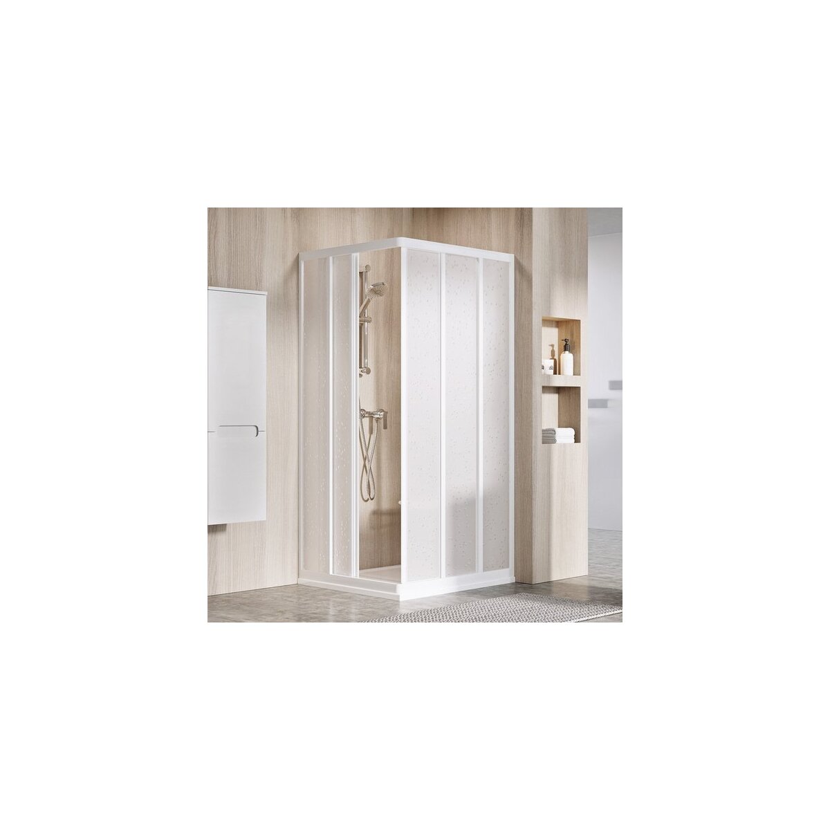 LIFE Duschkabine Komplettset 3-teilig Kunstglas, 198 cm, Profil weiß, Perleffekt